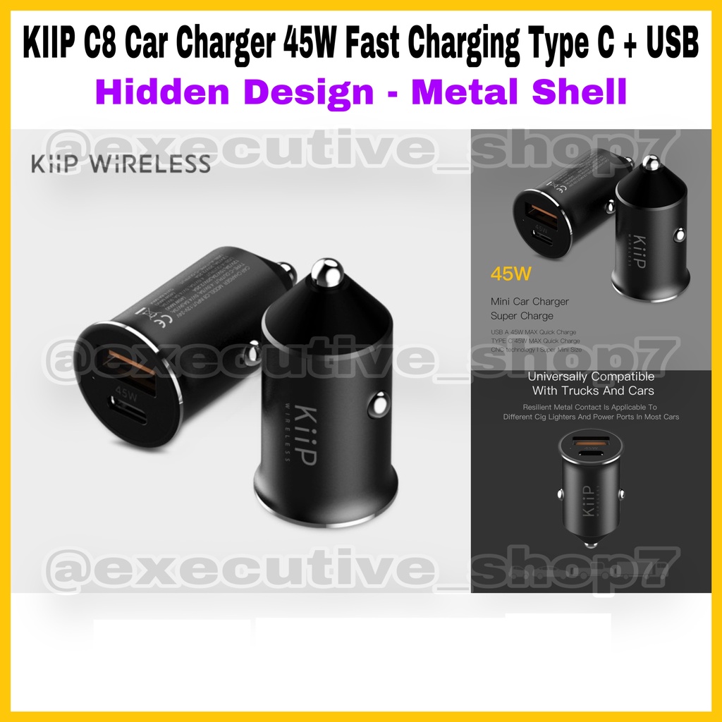 Jual KiiP C8 Car Charger 45W Fast Charging Type C + USB - Hidden Design ...