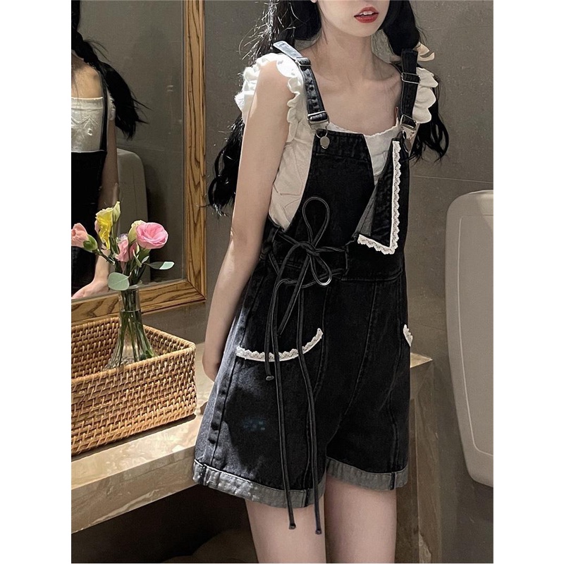 Jual Jumpsuit New Design Celana Kodok Denim Jumpsuit Pendek Tali Ikat