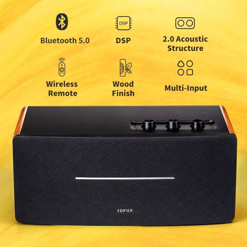 Edifier D12 Altoparlante Bluetooth 70W - Suono Stereo Con DSP, Legno Massello, Ingressi RCA/AUX, Telecomando, Nero