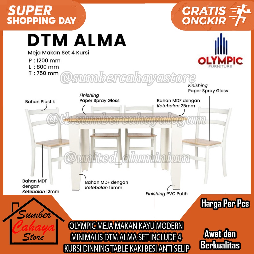 Jual OLYMPIC MEJA MAKAN KAYU MODERN MINIMALIS DTM ALMA SET INCLUDE 4 ...