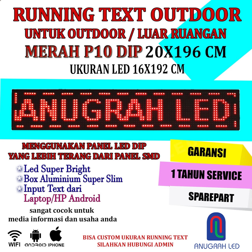 Jual Led Running Text OUTDOOR P10 DIP MERAH 20x196cm (16x192)pixel ...