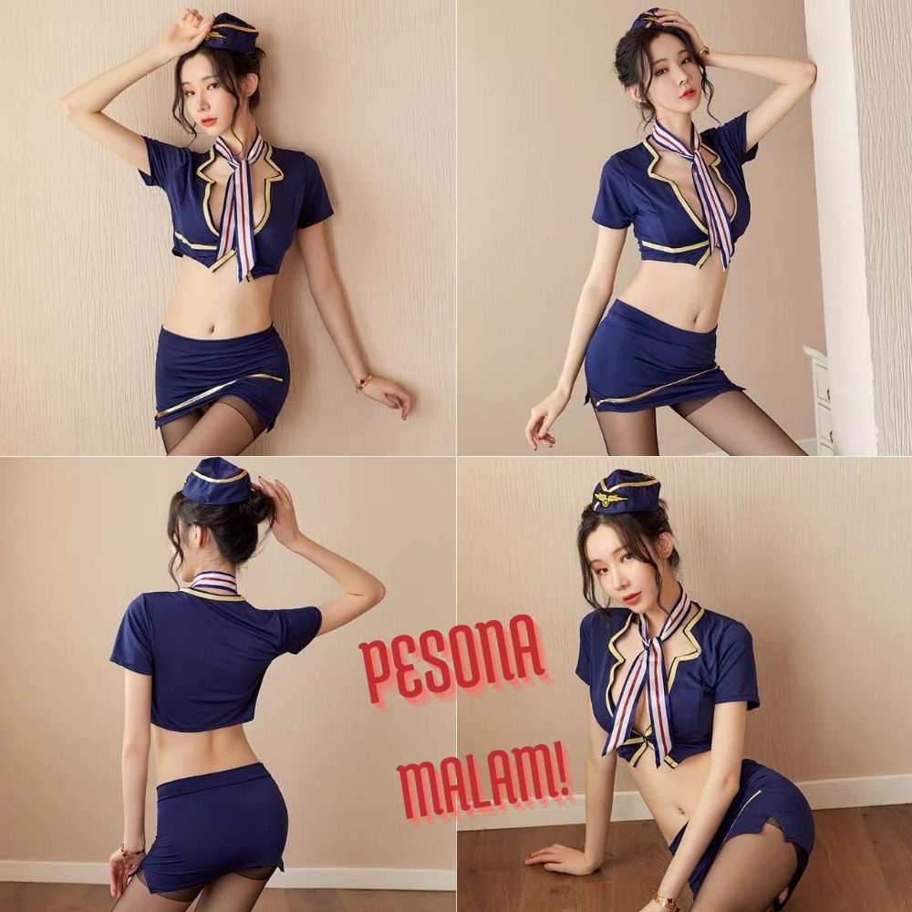 Jual Lingerie Set Seksi Sexy Rok Topi Model Cosplay Custom Kustom Pramugari Executive 8911