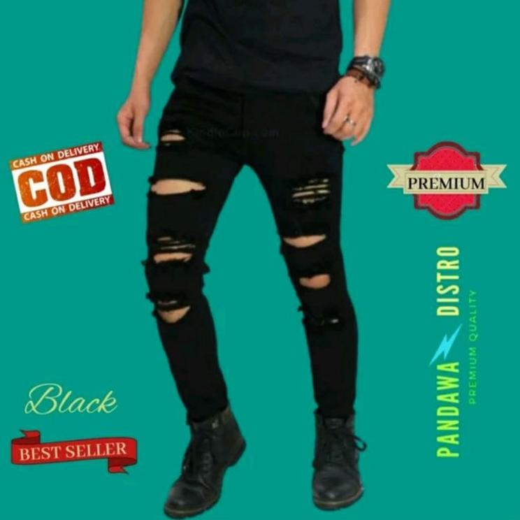 Jual ㄳ Celana Jeans Pria Sobek Robek Ripped Jins Panjang Hitam Slimfit