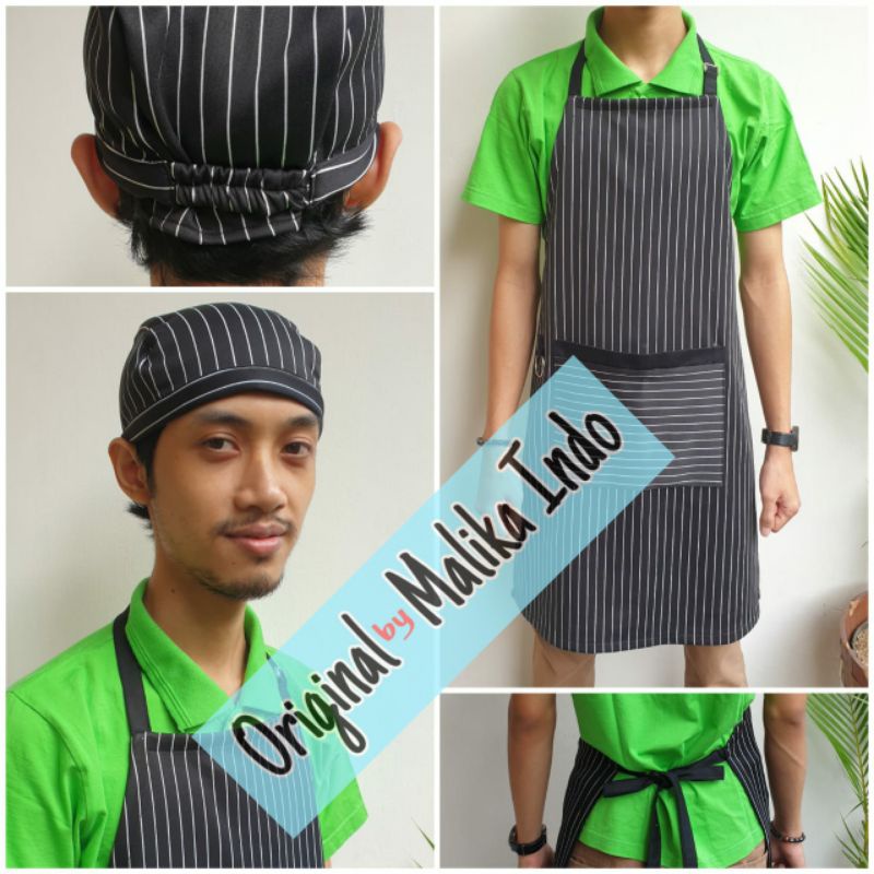 Jual Paket Murah Topi+Apron Fullsize Salur Apron n Topi Waiters Apron