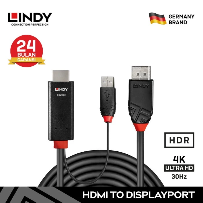 LINDY 2M Kabel Adapter HDMI 2.0 to DisplayPort 1.2 USB Power Cable
