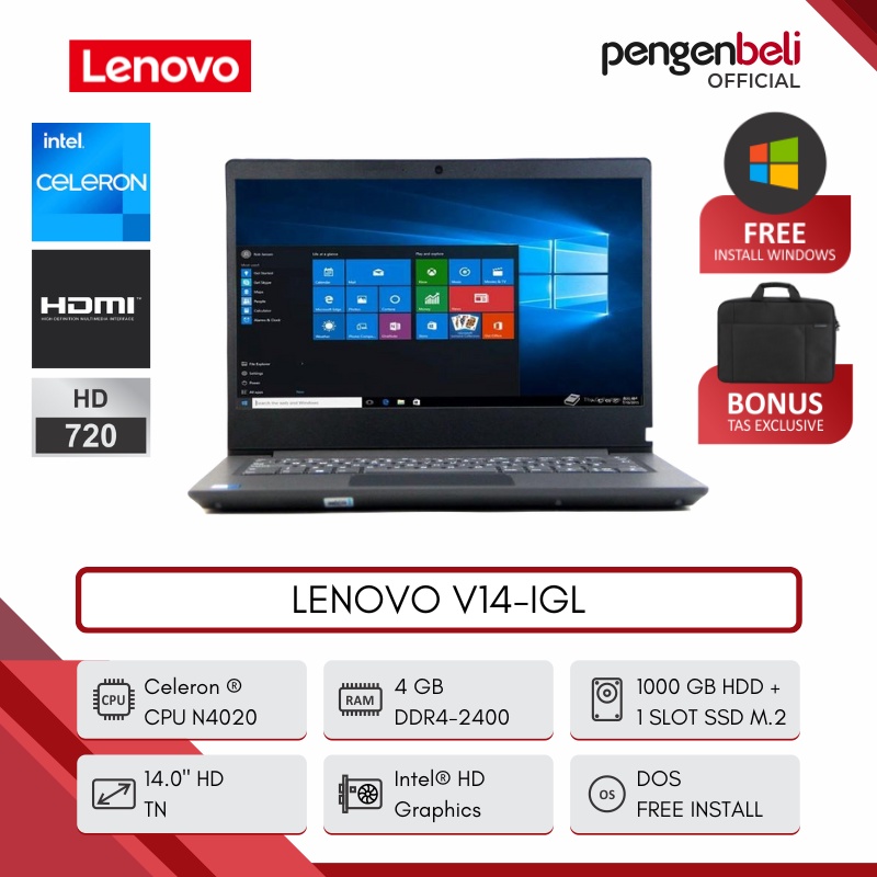 Jual NEW ITEM LENOVO V14 IGL CELERON N4020 4 GB RAM HDD 1 TB INTEL HD GRAPHICS 14 HD