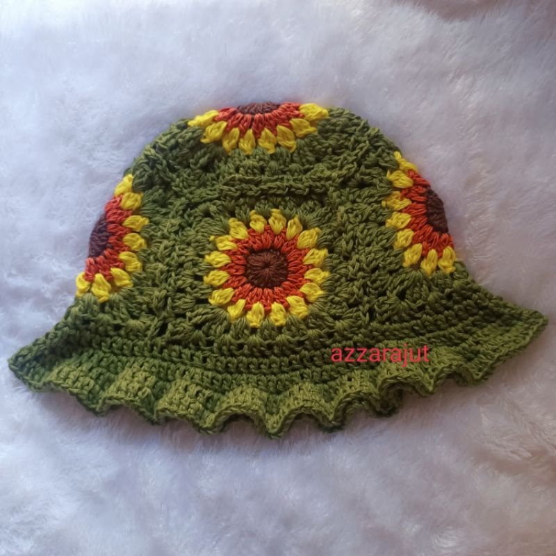 Jual sunflower bucket hat/topi rajut/topi bunga matahari/topi cantik ...