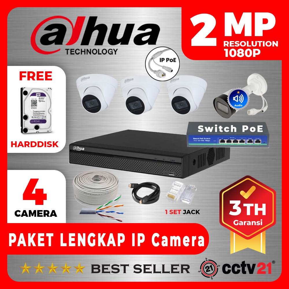 Jual Paket Lengkap IP Camera AUDIO CCTV DAHUA 2MP 4CH 4 Channel PoE