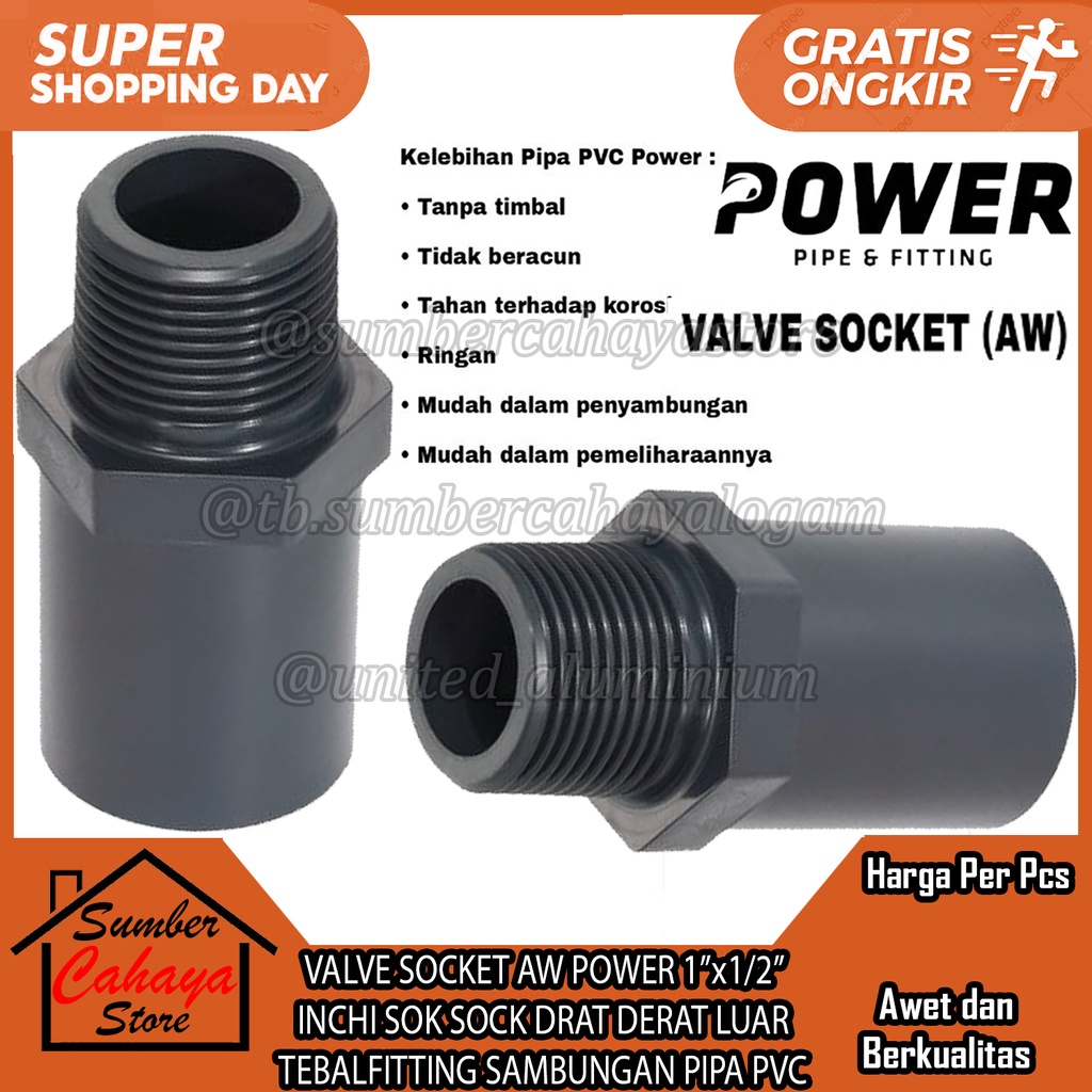 Jual VALVE SOKET AW POWER 1"x1/2" INCHI SOK SOCK DRAT LUAR TEBAL ...