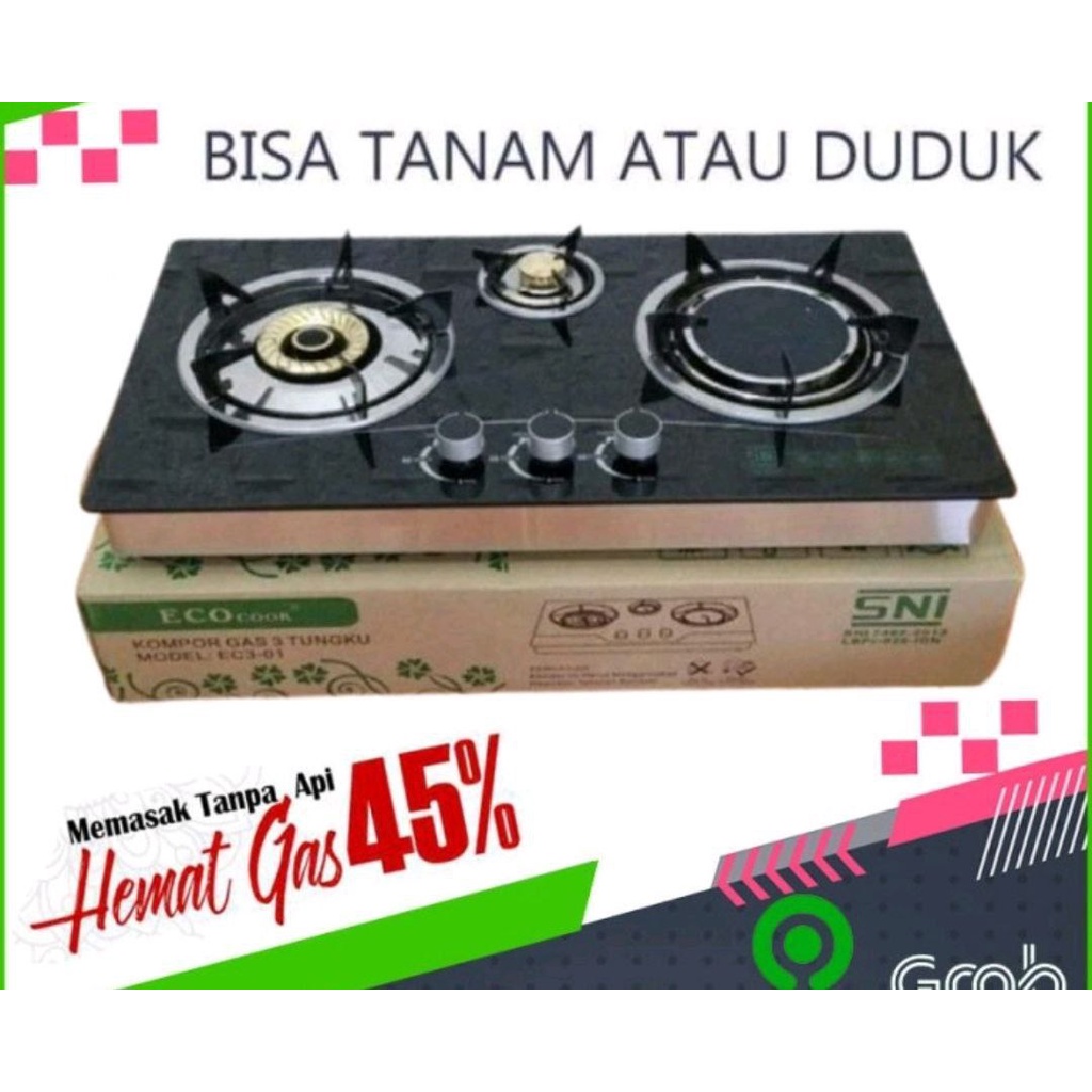 Jual Kompor Tanam - Kompor Gas Kaca Tanam 3 Tungku Merk Eco - Kompor