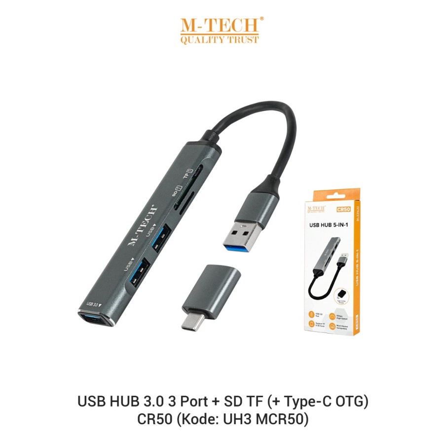 Jual Usb A 3.0 hub m-tech 3 port 5Gbps aluminum with tf micro SD card ...