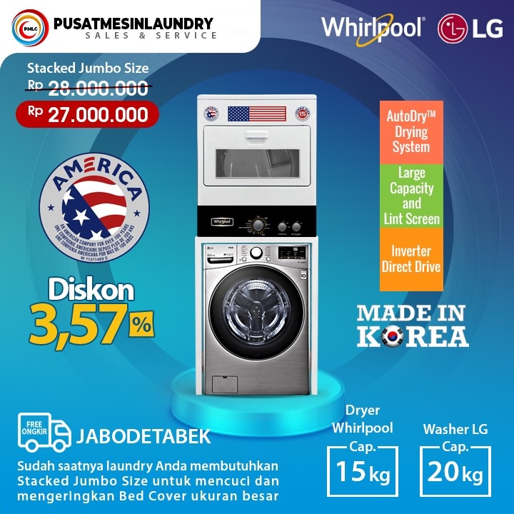 Jual Stack Jumbo Size Washer LG 20 kg & Dryer Whirpool 15 kg Shopee