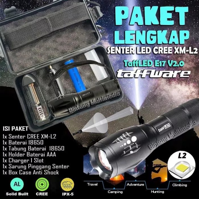 Jual Senter LED Paket Komplit / XM-L2 Senter Super Terang 8000 Lumens ...
