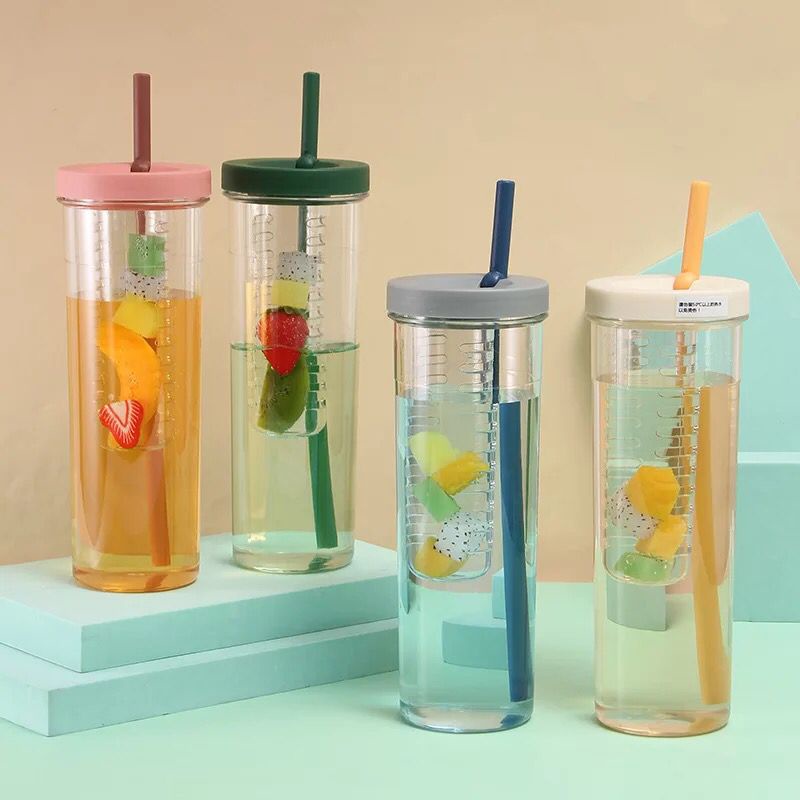 Jual Botol Minum Transparan Infused Water Botol Minum Sedotan Lipat