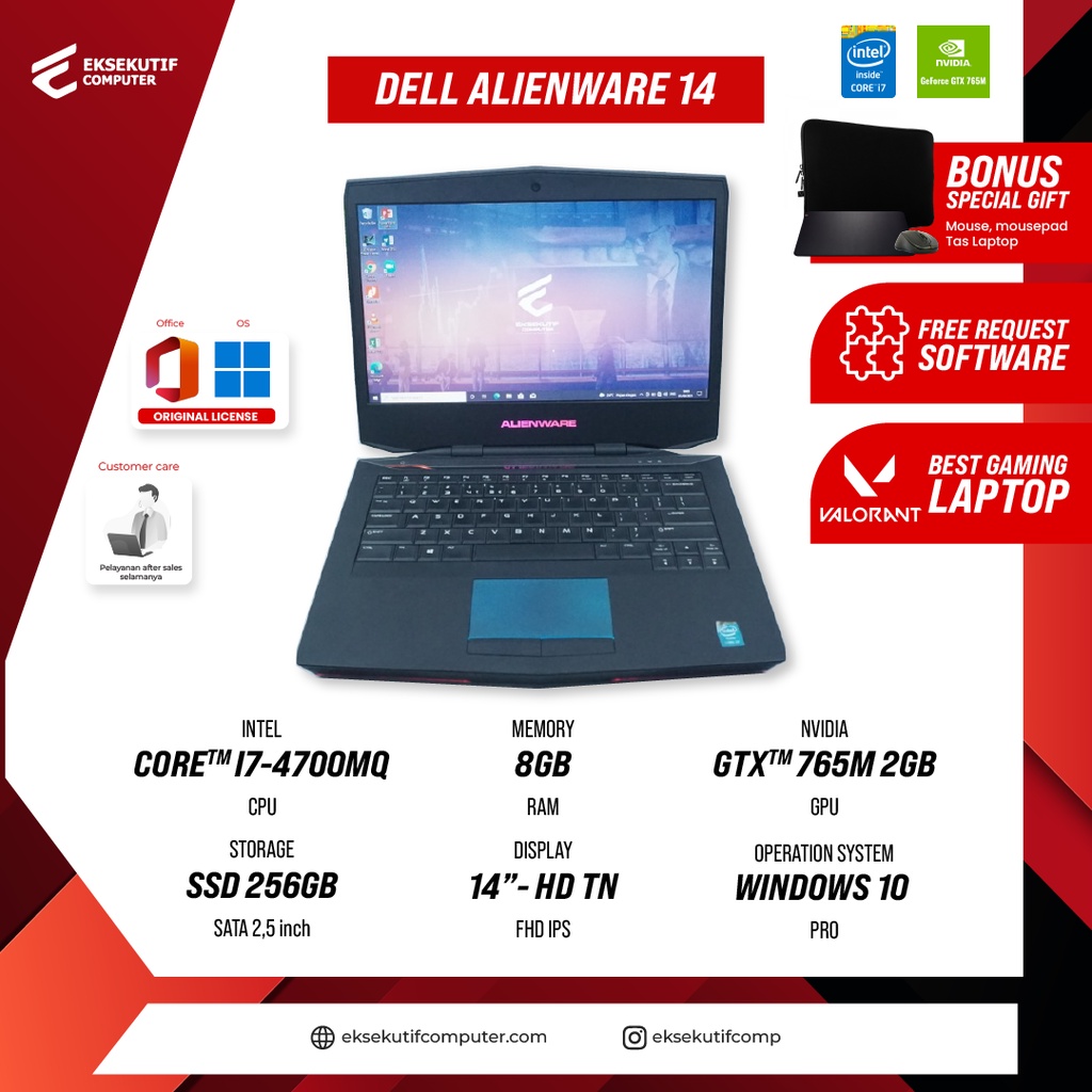 Jual LAPTOP GAMING PREMIUM DELL ALIENWARE 14 CORE I7 RAM 8GB SSD