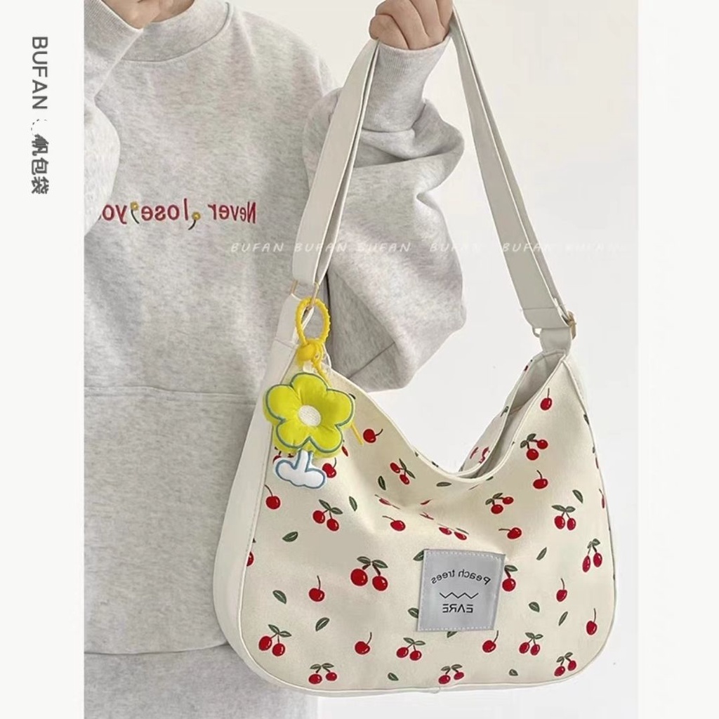 Jual Cherry mencetak tas kanvas kapasitas besar tas kanvas wanita musim