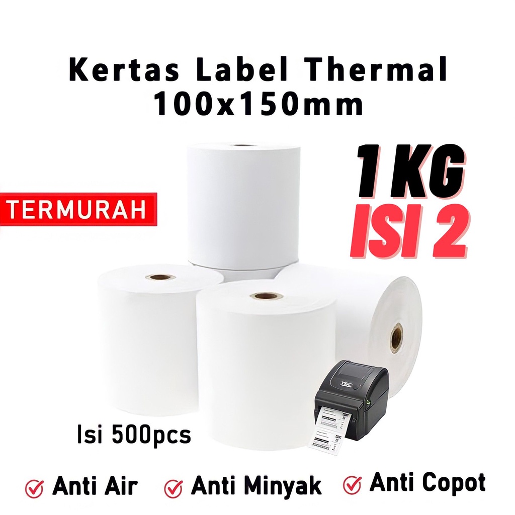 Jual 1KG ISI 2 ROLL KERTAS RESI THERMAL 100*150 500 LEMBAR KERTAS LABEL