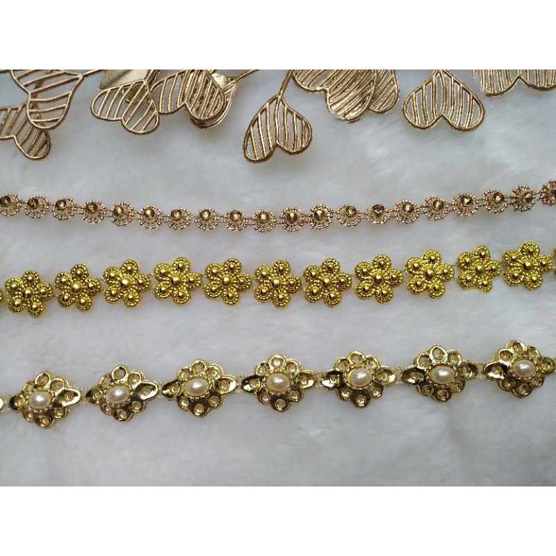 Jual Variasi aplikasi diamond bunga mutiara pearl emas gold per meter ...
