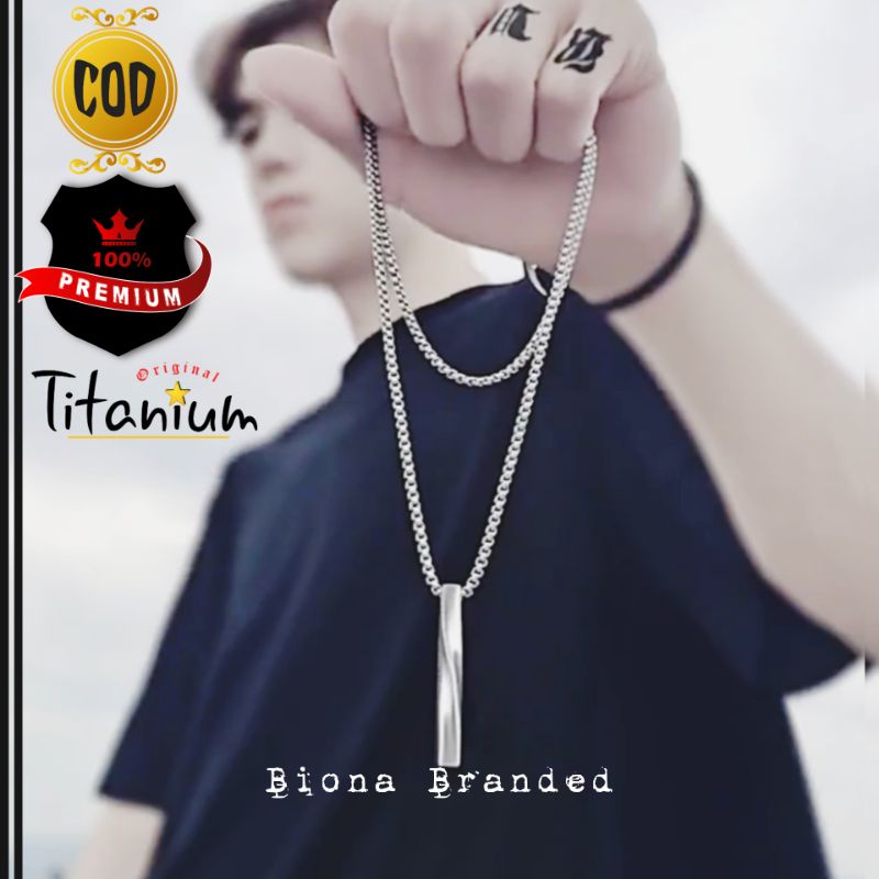 Jual Best Seller Kalung Pria Keren Titanium Rolo Plus Bandul Balok