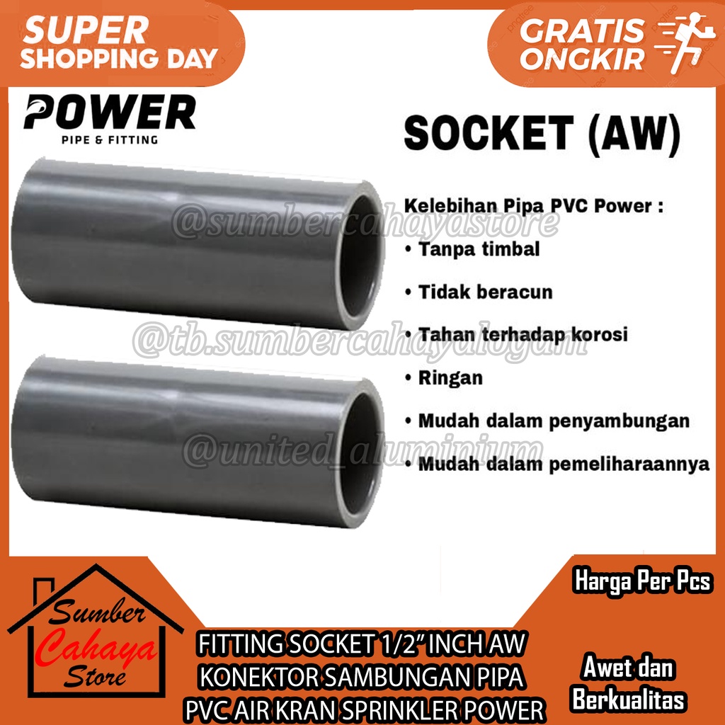 Jual SOCKET AW 1/2” INCH KONEKTOR SAMBUNGAN FITTING PIPA POLOS PVC AIR ...