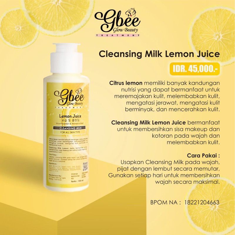 Jual Cleansing milk lemon juice cleanser Gbee glow beauty original BPOM ...