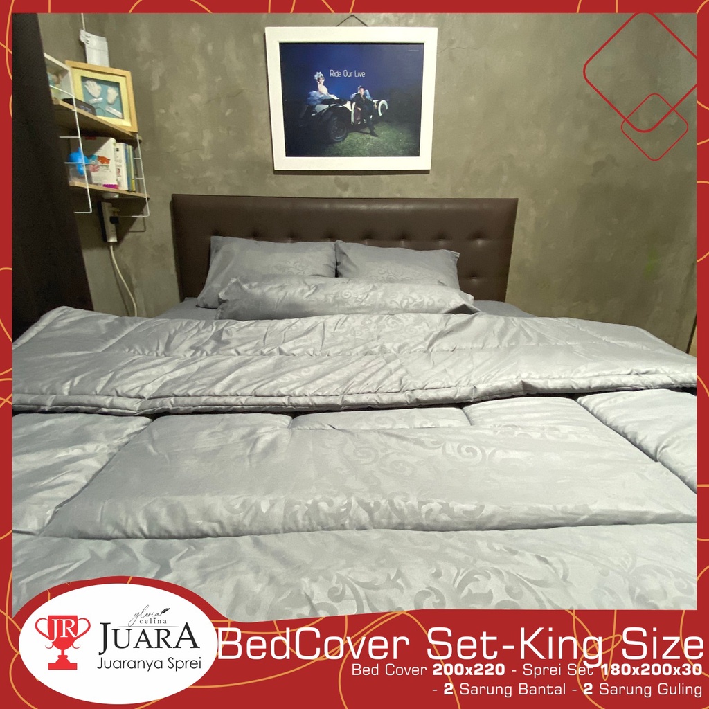 Jual Bed Cover Set Polos Emboss GREY King Size Fitted 180 x 200