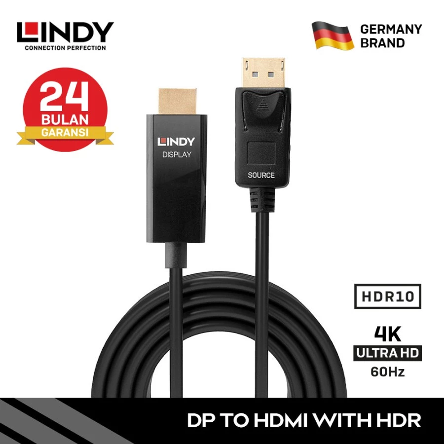 LINDY Kabel Display Port to Hdmi 2M 3m 5M Converter DP to Hdmi Active Adapter Cable Male to Male 4K HDR 40926 40927 40928