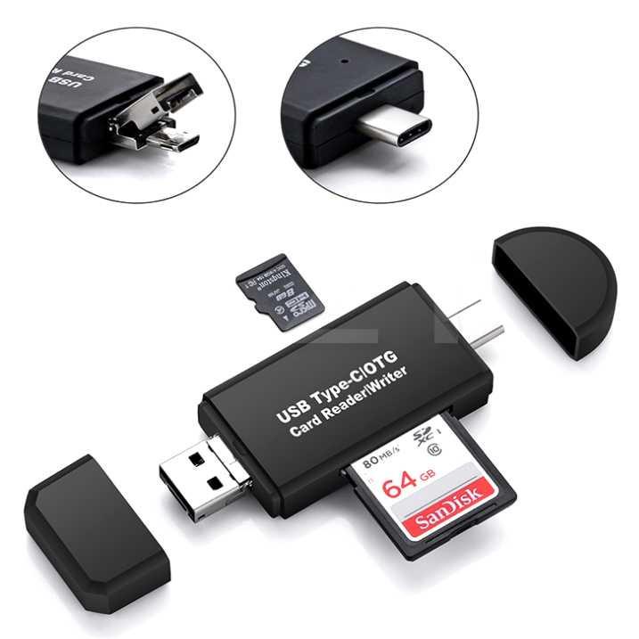 Jual Memory Card Reader OTG 3 in 1 USB Type C + USB Type A + Micro USB ...