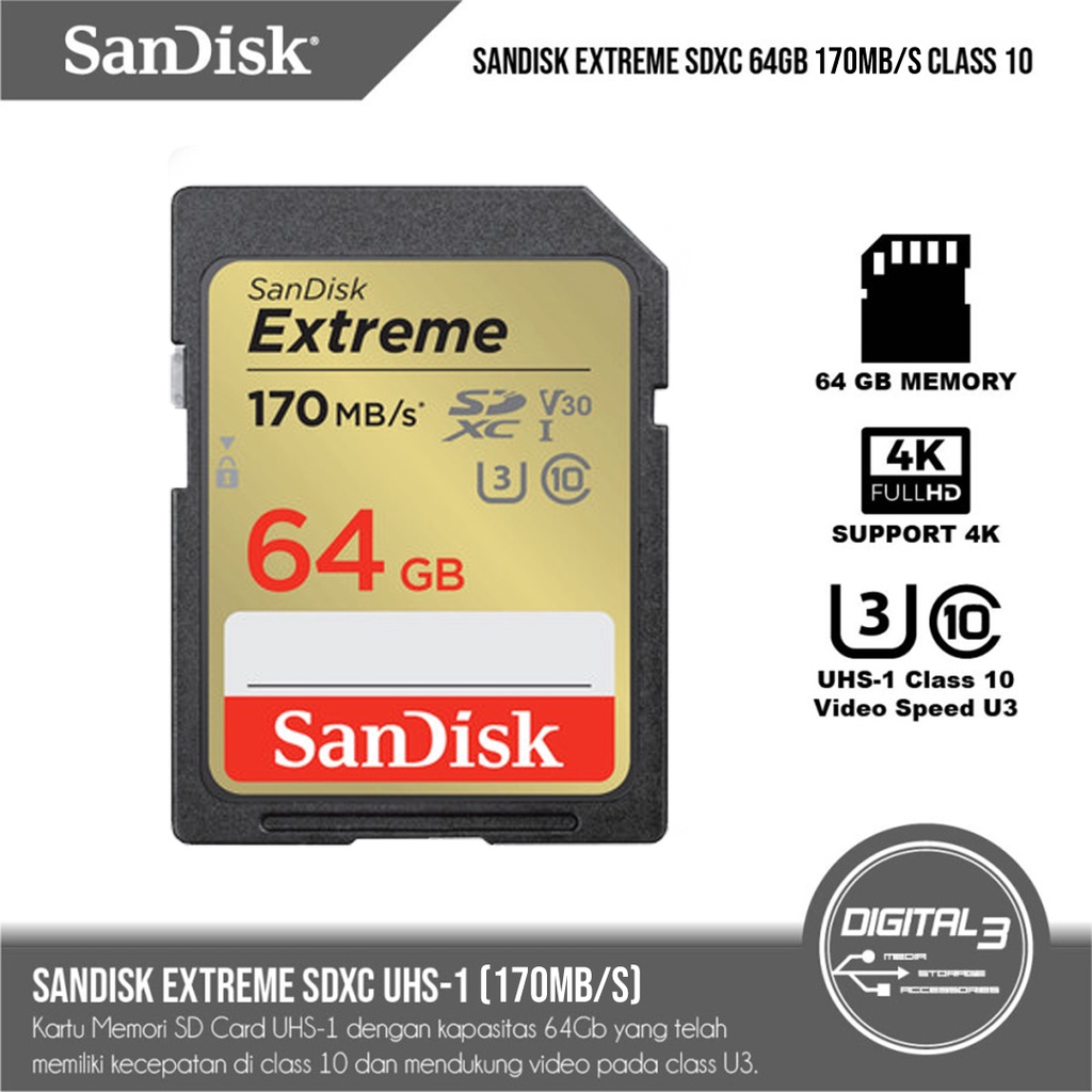 Jual Sandisk Extreme SDXC 64GB 170MB/s Class 10 Memory Kamera SD Card ...