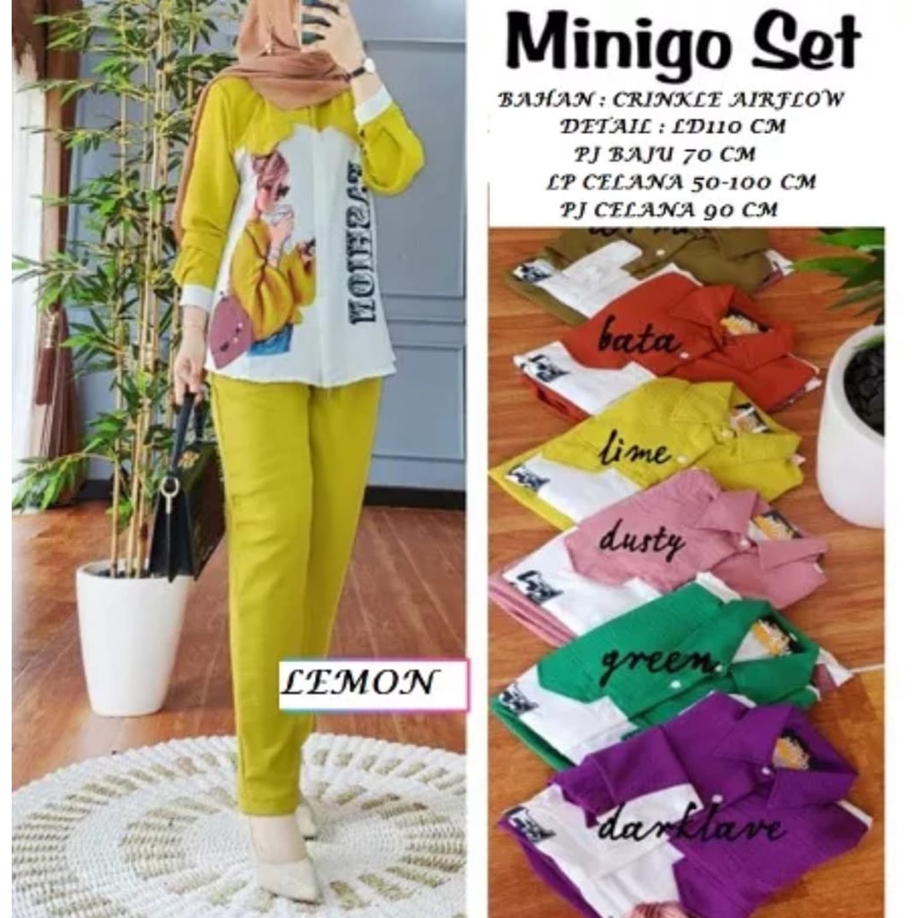 Jual Setelan Minigo Crinkle Sablon Wanita Terbaru Kekinian Set Rayon Crinkle Setelan