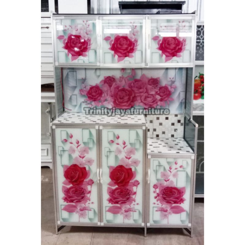 Jual Lemari Piring Rak Piring 3 Pintu Almunium Kaca Full Karakter