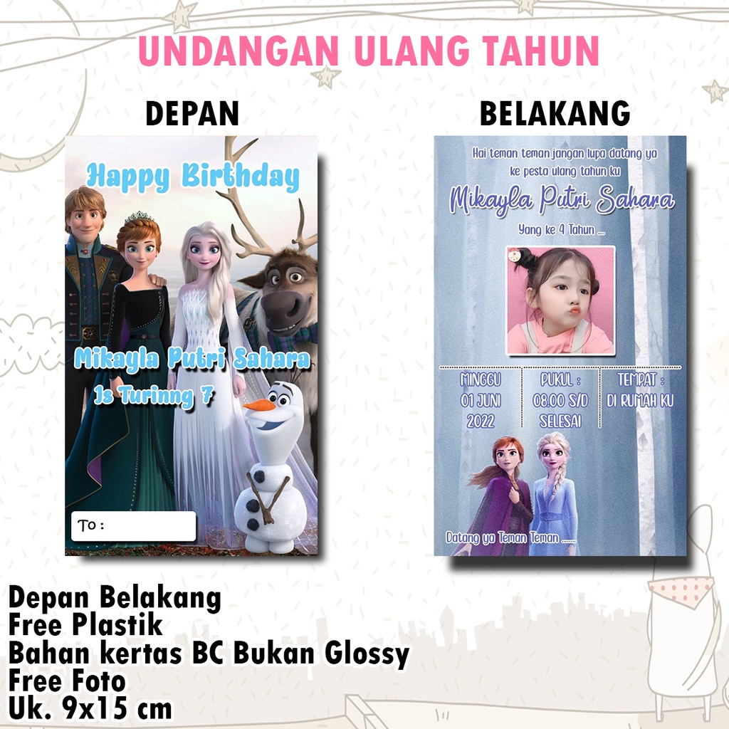 Jual Undangan Karakter Frozen / Undangan ulang tahun / undangan ultah