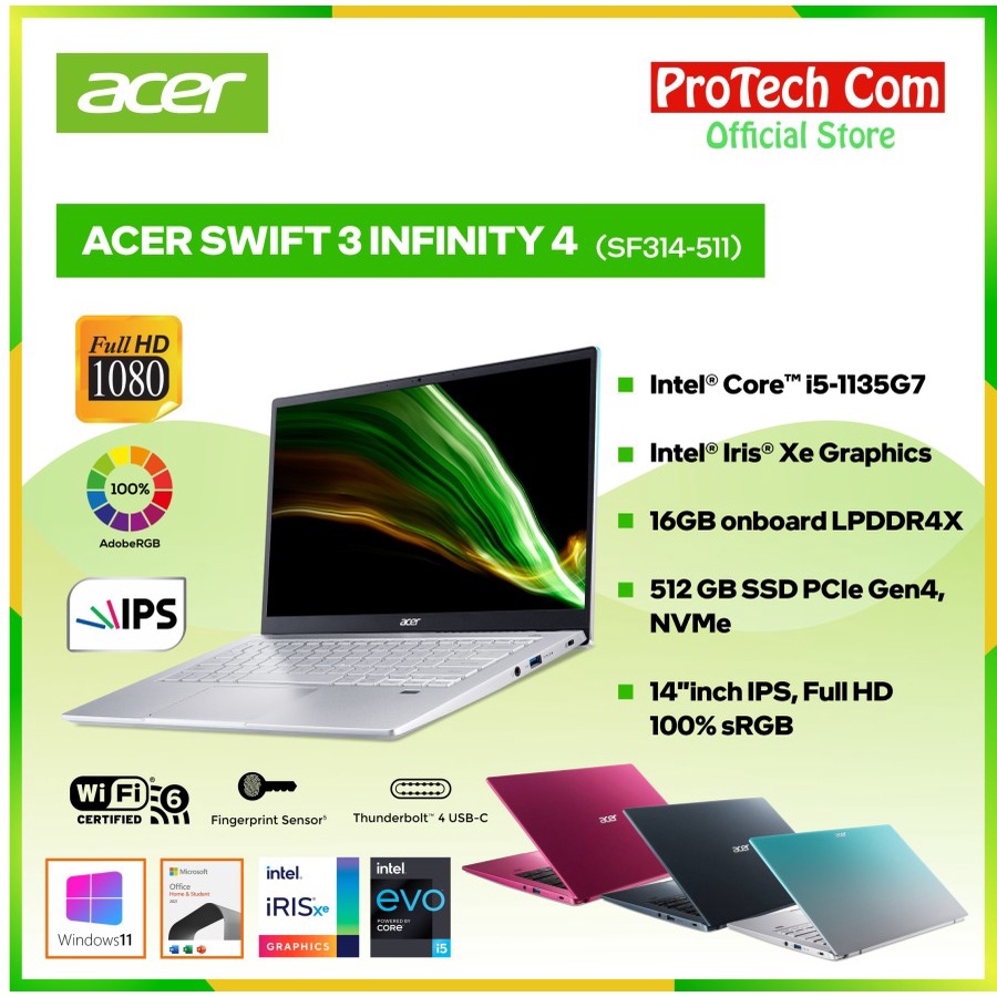 Acer Notebook Swift 3 SF314-511-566Z Intel® EVO Core™ i5–1135G7 da 11° Geração 16GB RAM 512GB
