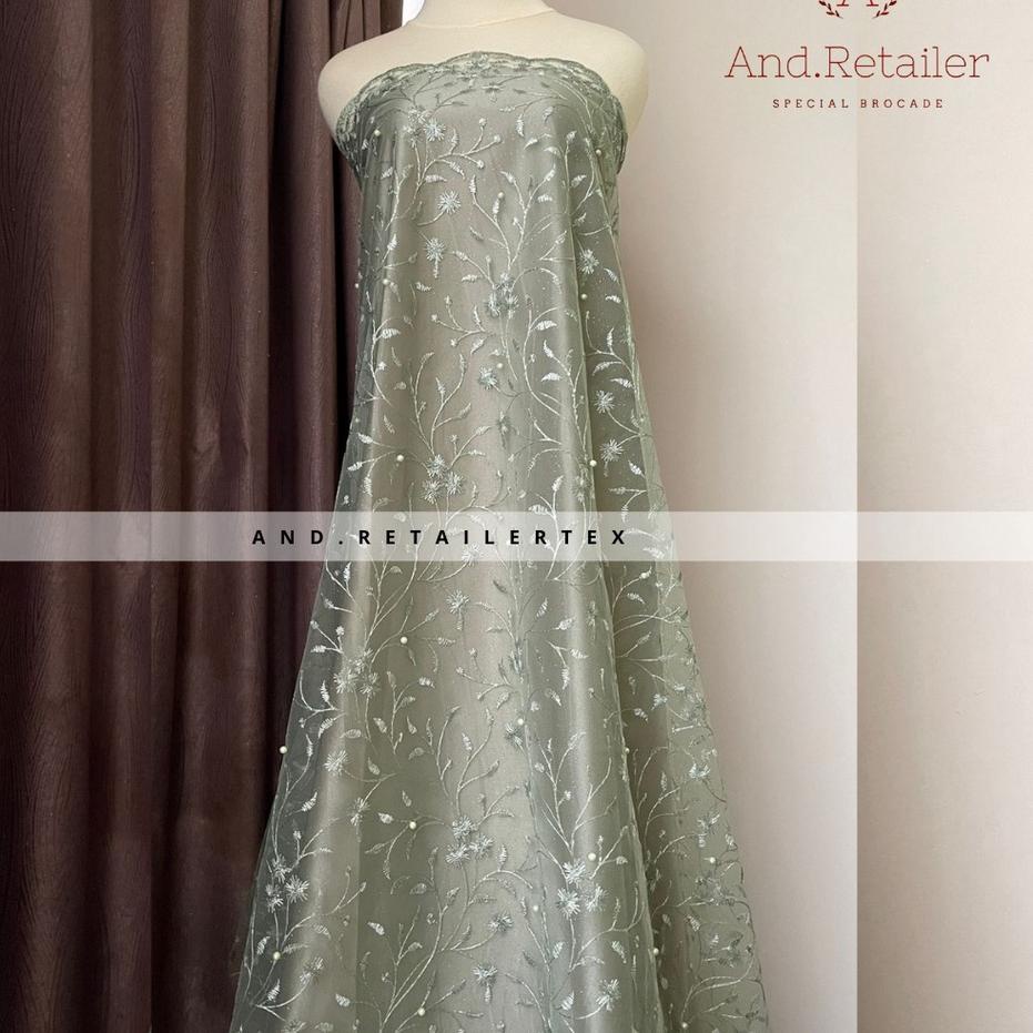 Jual Dasar Kain Bahan Kebaya Brokat Tile Mutiara Lotus New Series Warna Sage Green Shopee