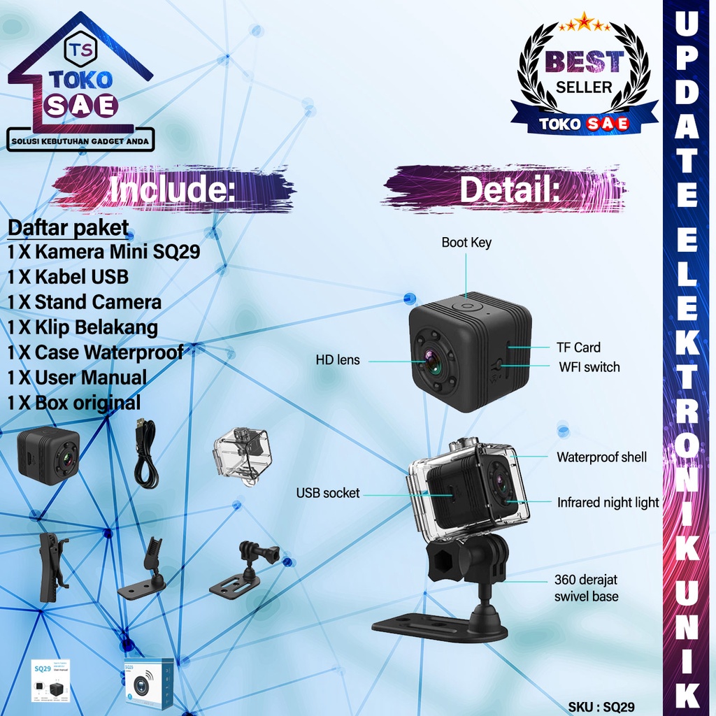 Kamera Action Cam SQ29 Mini Camera Wifi Resolusi Full HD 1080P Waterproof  Tahan Air Camera Record Foto Video Audi Mini Sport Kamera Pengintai Kecil 