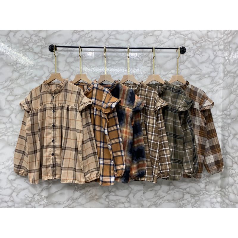 Jual Kemeja ruffle flanel/ GINGHAM SHIRT FLANEL/Kemeja flanel wanita