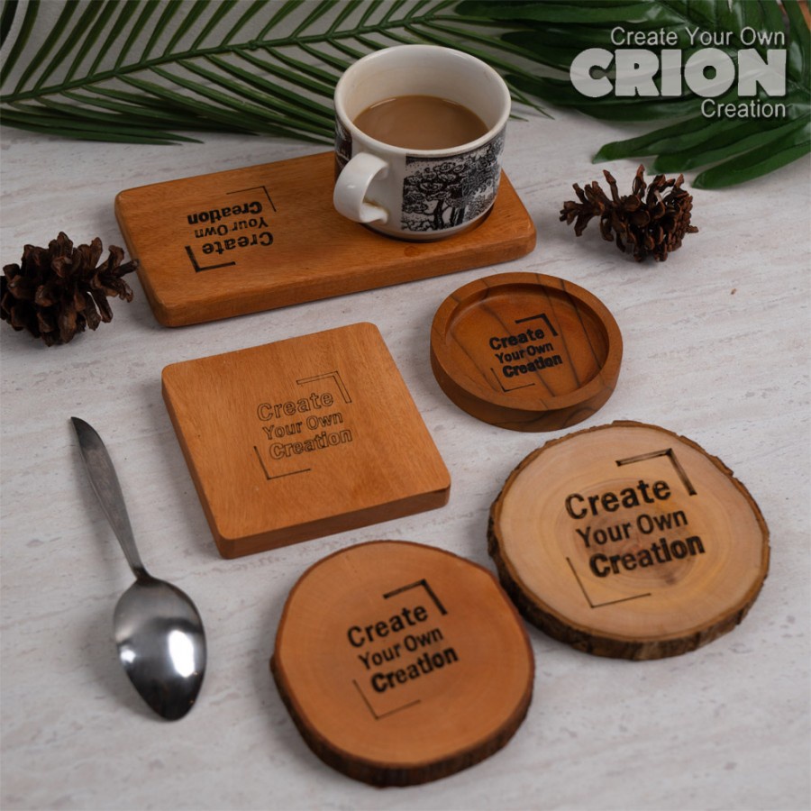 Jual Tatakan Gelas Kayu Crion Custom Tulisan / Logo Sendiri Wood
