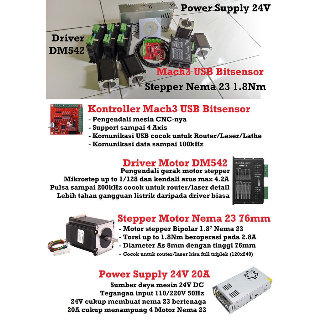 Jual [HAEBOT] Paket CNC 4 Mach3 4Axis USB DM542 Nema 23 1.89Nm Stepper ...