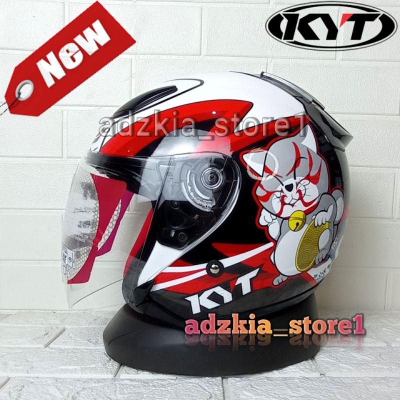 Jual HELM KYT DJ MARU MOTIF KABUKI CAT BLACK WHITE HELM HALF FACE