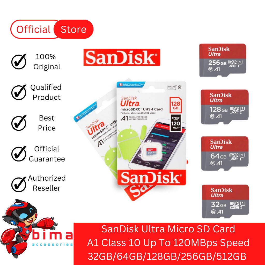 SANDISK Memory Card Micro SD 32GB 64GB 128GB 256GB 512GB CLASS 10  Speed 120 150Mbps Ultra A1