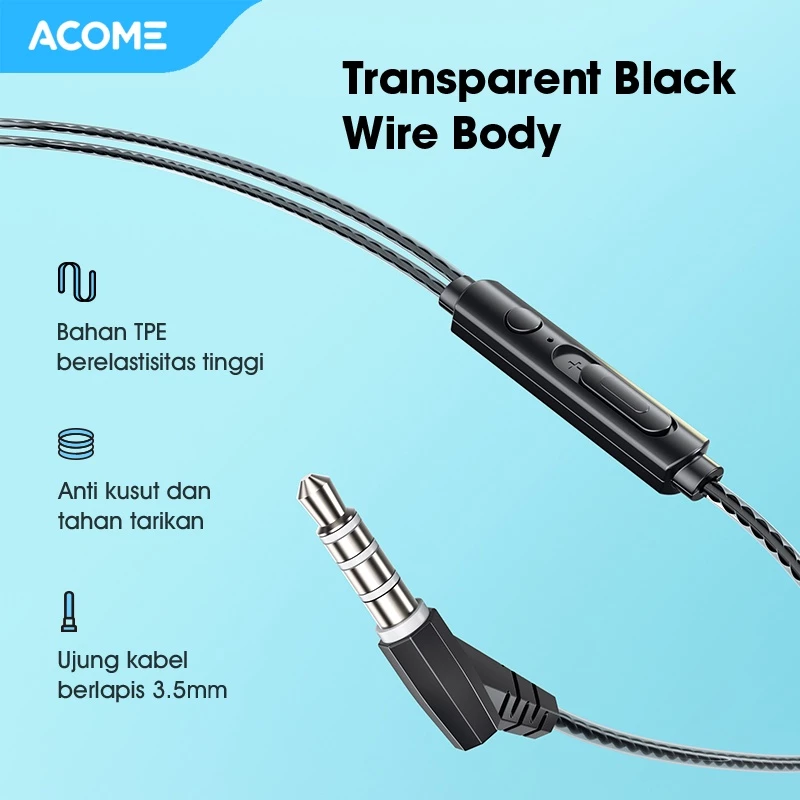 ACOME 3D Subwoofer Headphones Powerfull Bass Transparent Black Wire Body Garansi Resmi 1 Tahun ACE01