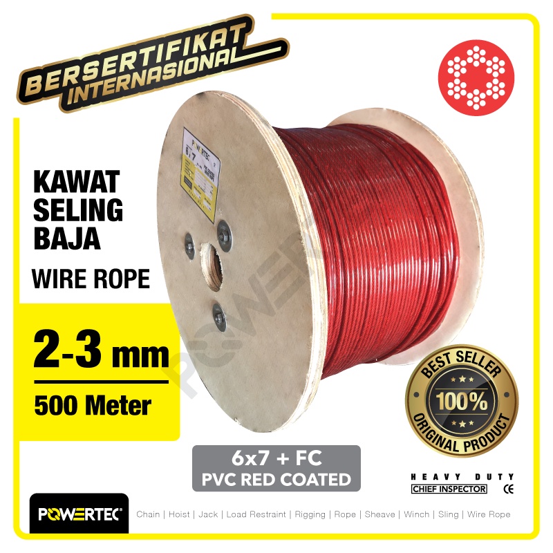 Jual POWERTEC Wire Rope / Kawat Seling Baja 6x7 FC PVC 2-3mm Merah ...