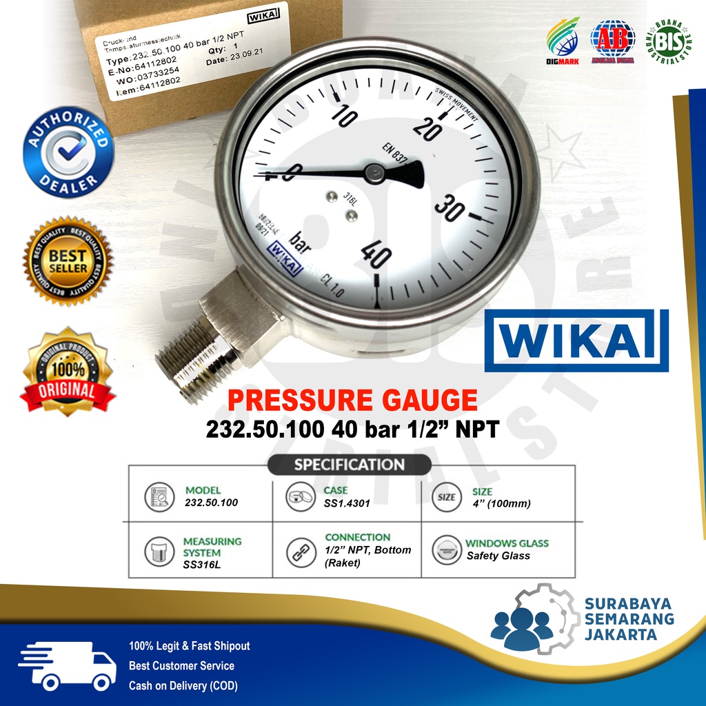 Jual WIKA PRESSURE GAUGE 232.50 40 BAR 1/2" NPTBOTOM (RAKET) Shopee