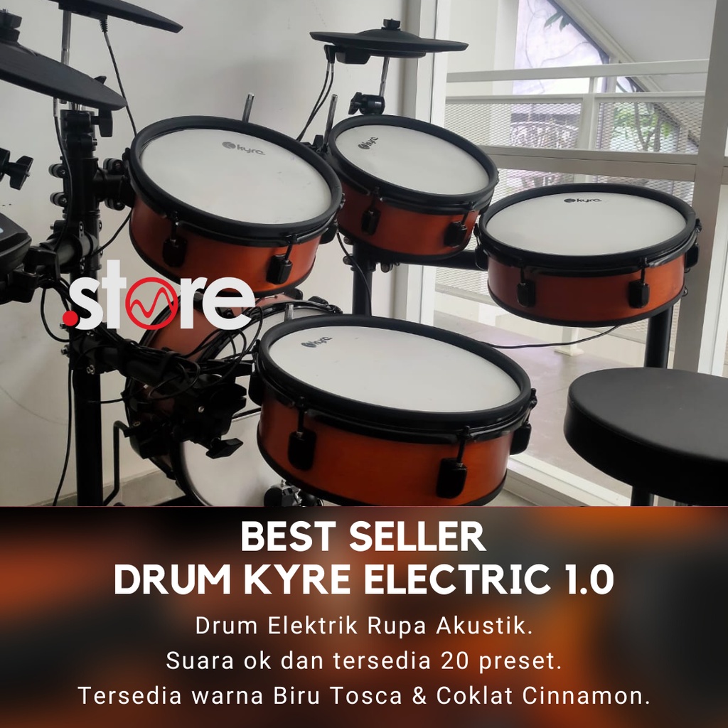 Jual Drum Elektrik Akustik Kyre E Series Biru dan Coklat Bonus Kursi Drum, Pedal, dan Stick
