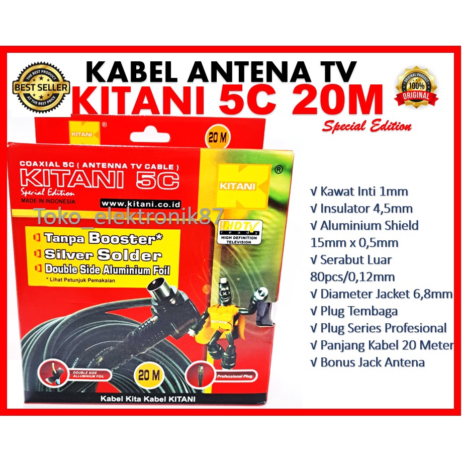 Jual Kabel Antena TV KITANI 2M With Jack TV/Coaxial Cable Male to