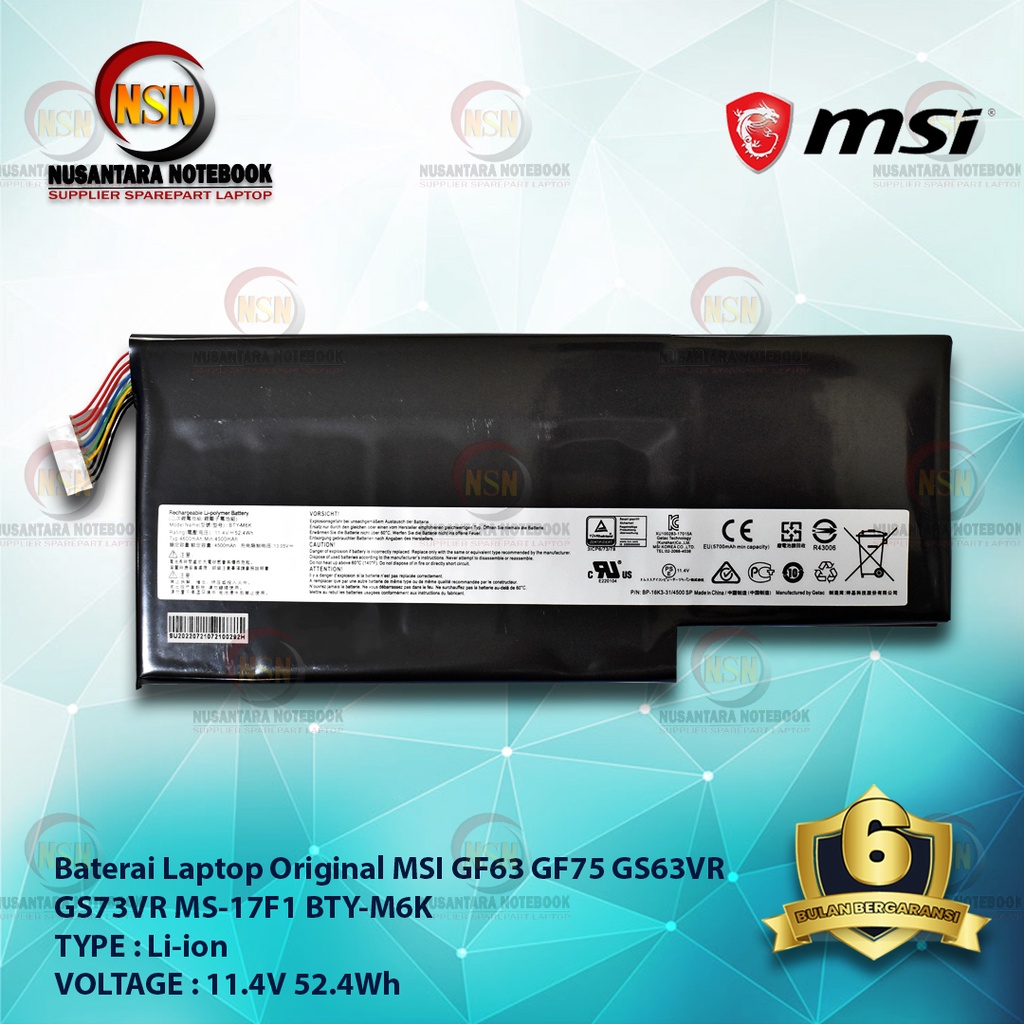 Jual Baterai Original Laptop BTY-M6K For MSI GS65VR GF63 GF75 11.4V 52 ...