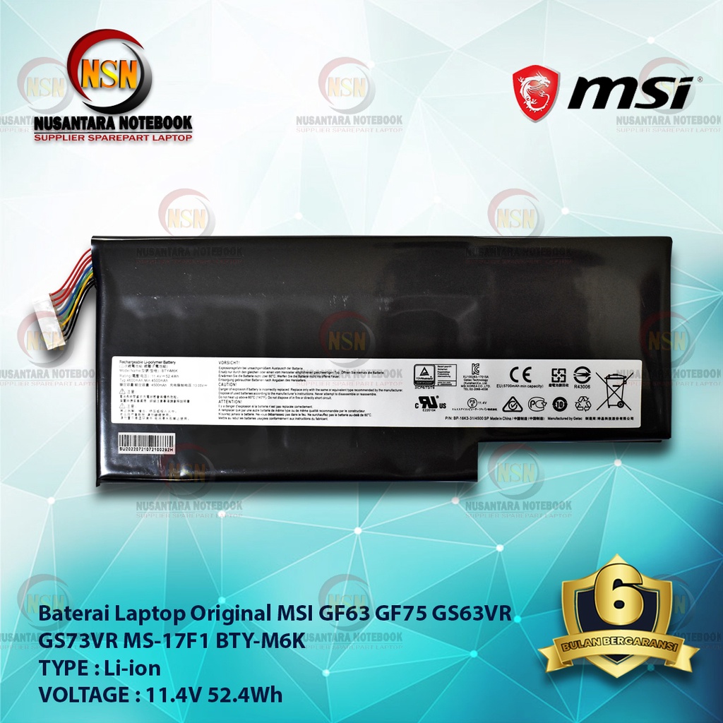 Jual Baterai Original Laptop Bty M6k For Msi Gs65vr Gf63 Gf75 11 4v 52