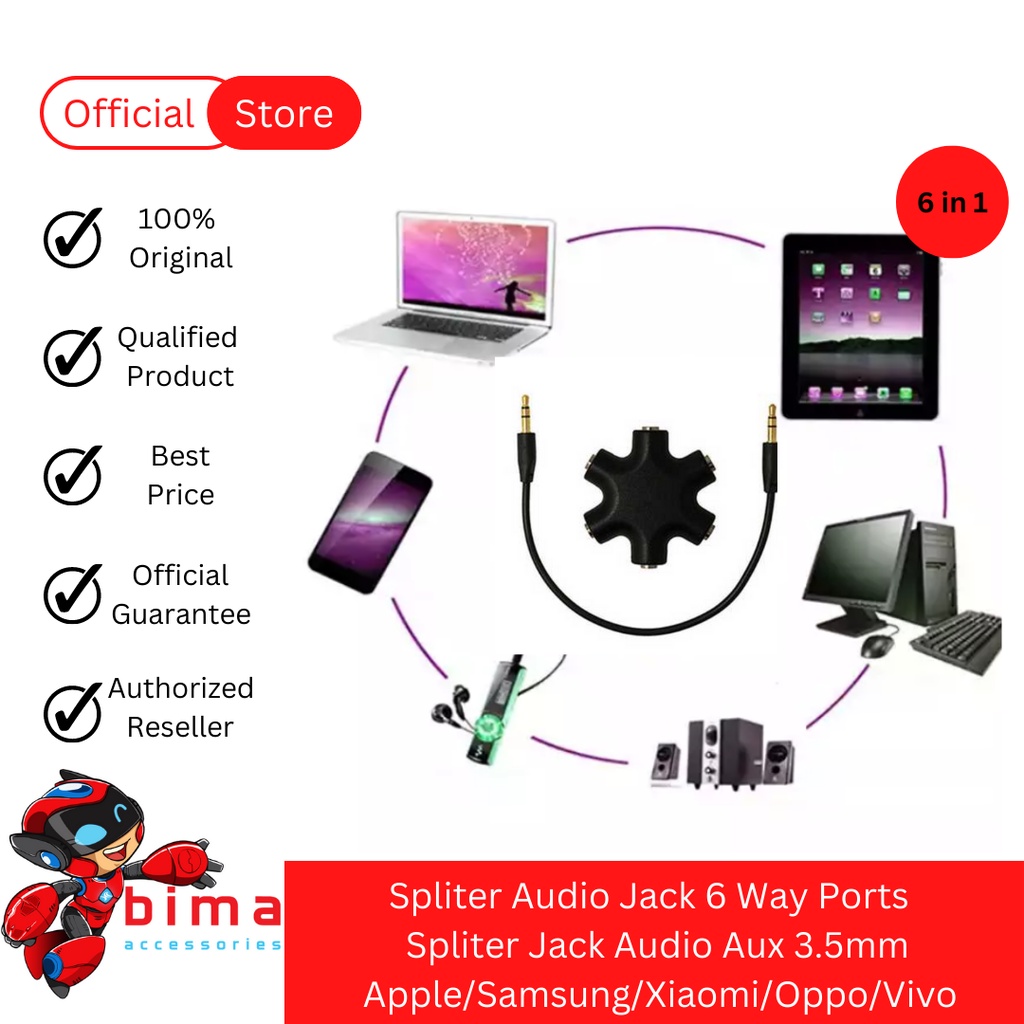 Jual Audio Jack 6 way Ports male to 5 female Splitter Spliter Jack ...