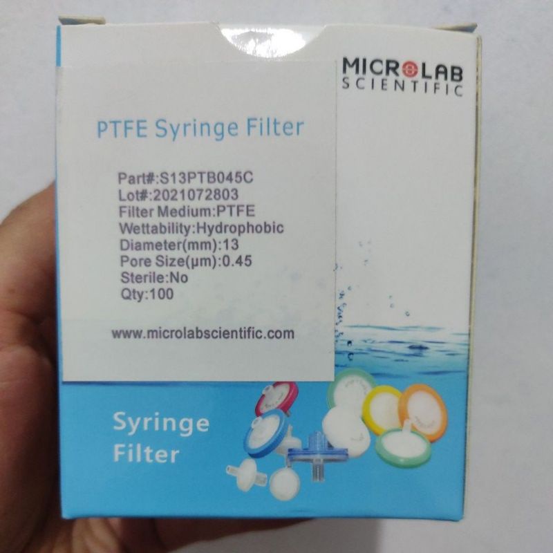 Jual PTFE Syringe FilterHydrophobic, por 0.45um, diam 13mm. 100pcs