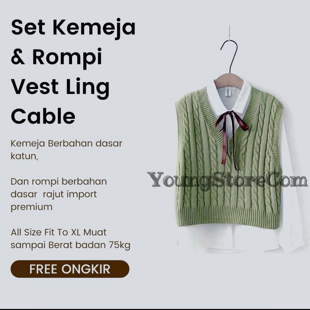 Jual PROMO Set Rompi Vest Cable Rajut Dewasa Dan Kemeja Putih Wanita ...